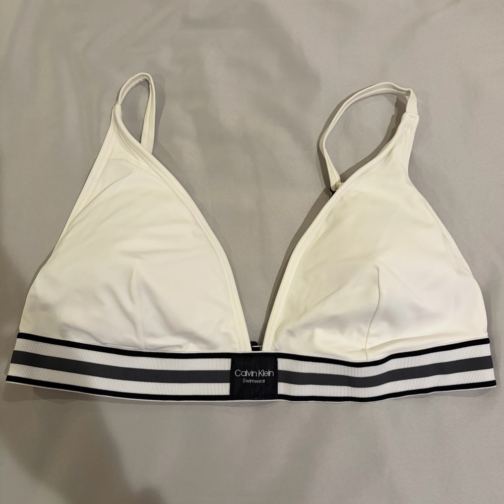 Calvin Klein White Triangle Bikini Top with Black-Striped Elastic